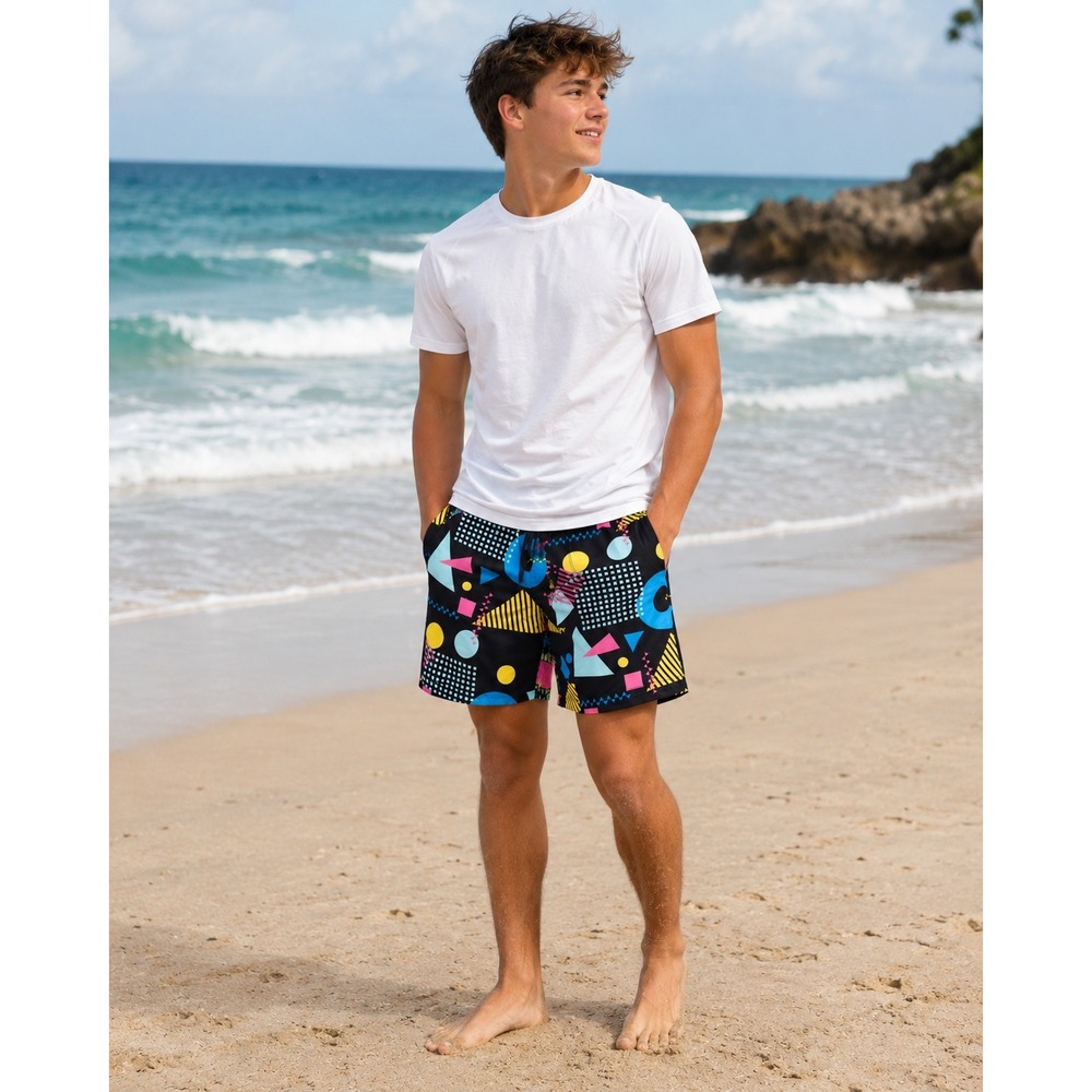 Super Massive Retro 90s Geometric Print Swim Trunks Neon Pattern Sz M